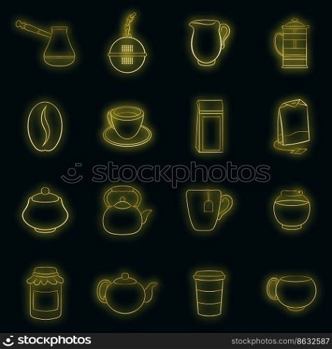 Tea and coffee set icons in neon style isolated on a black background. Tea and coffee set vector neon