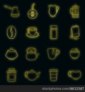 Tea and coffee set icons in neon style isolated on a black background. Tea and coffee set vector neon