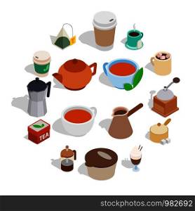 Tea and coffee set in isometric 3d style isolated on white background. Vector illustration. Tea and coffee set, isometric 3d style