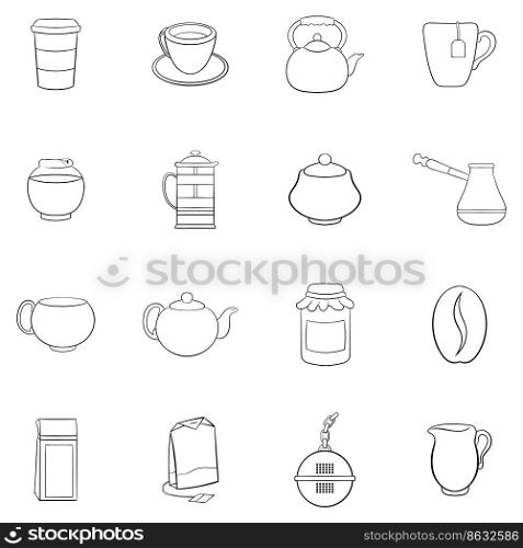 Tea and coffee set in outline style isolated on white background. Tea and coffee set vector outline