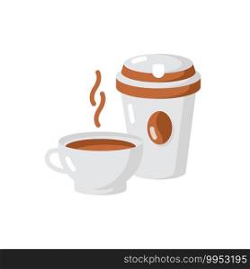Tea and coffee vector flat color icon. Coffee for takeaway. Aromatic black tea. Cappuccino drink. Coffeeshop products. Cartoon style clip art for mobile app. Isolated RGB illustration. Tea and coffee vector flat color icon