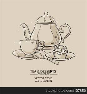 tea and dessert. Illustration with cup of tea, teapot and dessert on brown background