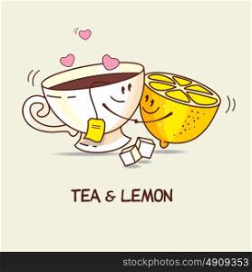 Tea and lemon, love forever. Tea and lemon hug. Comic, cartoon. Vector illustration.