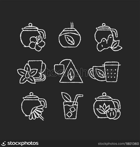 Tea and tea-like beverages chalk white icons set on dark background. Hot herbal beverages. Chai drink. Teacups and accessories. Medicinal effort. Isolated vector chalkboard illustrations on black. Tea and tea-like beverages chalk white icons set on dark background