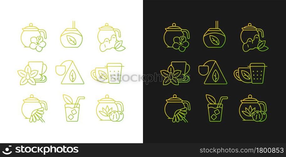 Tea and tea-like beverages gradient icons set for dark and light mode. Hot herbal beverages. Thin line contour symbols bundle. Isolated vector outline illustrations collection on black and white. Tea and tea-like beverages gradient icons set for dark and light mode