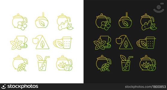 Tea and tea-like beverages gradient icons set for dark and light mode. Hot herbal beverages. Thin line contour symbols bundle. Isolated vector outline illustrations collection on black and white. Tea and tea-like beverages gradient icons set for dark and light mode