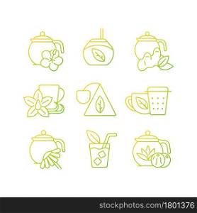 Tea and tea-like beverages gradient linear vector icons set. Hot herbal beverages. Chai drink. Medicinal effort. Thin line contour symbols bundle. Isolated vector outline illustrations collection. Tea and tea-like beverages gradient linear vector icons set.