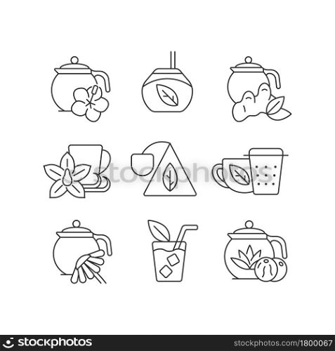 Tea and tea-like beverages linear icons set. Hot herbal beverages. Chai drink. Teacups and accessories. Customizable thin line contour symbols. Isolated vector outline illustrations. Editable stroke. Tea and tea-like beverages linear icons set