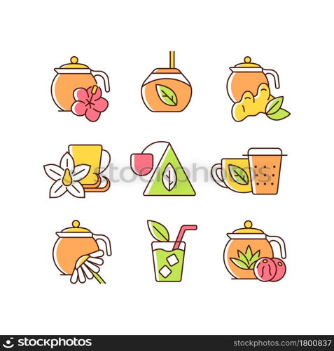 Tea and tea-like beverages RGB color icons set. Hot herbal beverages. Chai drink. Teacups and accessories. Medicinal effort. Isolated vector illustrations. Simple filled line drawings collection. Tea and tea-like beverages RGB color icons set