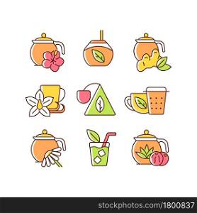 Tea and tea-like beverages RGB color icons set. Hot herbal beverages. Chai drink. Teacups and accessories. Medicinal effort. Isolated vector illustrations. Simple filled line drawings collection. Tea and tea-like beverages RGB color icons set