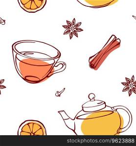 Tea and winter spices seamless pattern. Hand drawn line glass teapot, cup, cinnamon, anise and orange slices on white background. Modern endless print design for wrapping and textile.