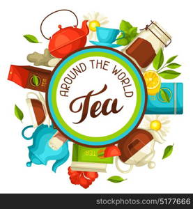 Tea around the world. Illustration with tea and accessories, packs and kettles. Tea around the world. Illustration with tea and accessories, packs and kettles.