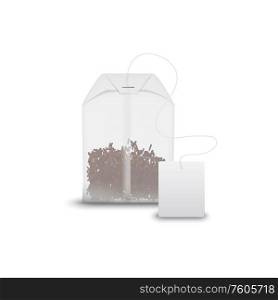 Tea bag with black tea in transparent package isolated. Vector teabag and blank tag mockup. Rectangle tea bag of black tea, blank tag isolated