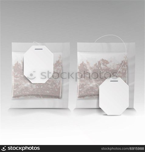 Tea Bags Illustration With Labels. Square Shape. Vector Mock Up Illustration For Your Design. Isolated On White. Tea Bags Illustration With Labels. Square Shape. Vector Mock Up Illustration For Your Design. Isolated