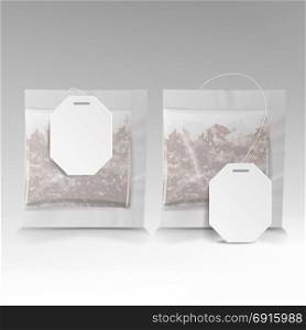 Tea Bags Illustration With Labels. Square Shape. Vector Mock Up Illustration For Your Design. Isolated On White. Tea Bags Illustration With Labels. Square Shape. Vector Mock Up Illustration For Your Design. Isolated