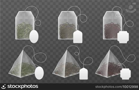Tea bags mockup. Realistic disposable beverage infuser bags and pyramids sachet with blank paper labels various forms, black and green dry leaves different types collection. Vector 3d isolated set. Tea bags mockup. Realistic disposable beverage infuser bags and pyramids sachet with blank labels, black and green dry leaves different types collection. Vector 3d isolated set