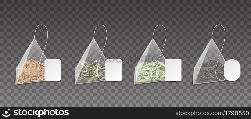 Tea bags. Realistic pyramids. 3D teabags for brewing green or black and herbal flower beverages. Isolated packs set with cardboard blank labels mockup. Dry leaves in triangles. Vector Chinese drink. Tea bags. Realistic pyramids. 3D teabags for brewing green or black and herbal beverages. Packs set with cardboard blank labels mockup. Dry leaves in triangles. Vector Chinese drink
