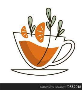 Tea beverage poured in cup, isolated tasty and organic product. Mug with orange slices and mint leaves, delicious breakfast or dinner in cafe or restaurant. Vector in flat style illustration. Organic and natural tea with orange and mints
