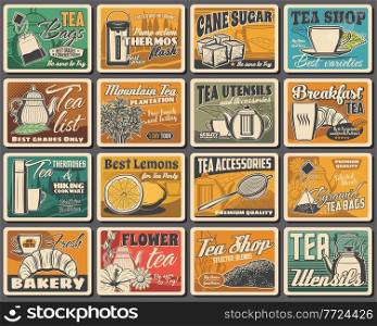 Tea blends, utensils and bakery shop retro posters set. Vacuum flasks, cane sugar and lemons, vector tea bag, glass, metal and porcelain teapot, cup, tea leaves and flowers, croissant, hiking cookware. Tea bags, accessories and bakery shop retro poster