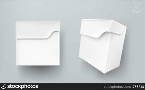 Tea box mockup, white paper package for products isolated on gray background. Vector realistic 3d template of blank cardboard pack, closed square box for tea leaves. Tea box mockup, white paper package for products