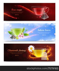 Tea brewing bag realistic banner set with rose magic sakura leaves and chamomile fantasy headlines vector illustration