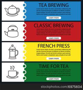 Tea brewing banner templates set. Teapot, kettle, french press, steaming tea cup on plate. Website menu items with linear icons. Color web banner. Vector headers design concepts. Tea brewing banner templates set