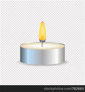 Tea candle or candle in a case. Realistic candle light or tea light flame icon. Vector illustration. Tea candle or candle in a case. Realistic candle light or tea light flame icon. Vector stock illustration