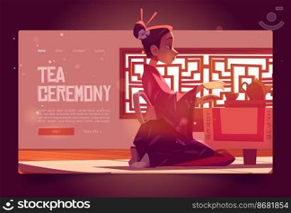 Tea ceremony cartoon landing page, invitation in asian restaurant, woman wear traditional kimono in Chinese or Japanese cafe sit at served low table on floor, authentic cafeteria vector web banner. Tea ceremony cartoon landing page asian restaurant
