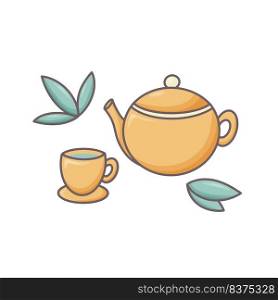 Tea ceremony concept vector illustration. Teapot, cup and tea leaves. tea time doodle style. Tea ceremony concept vector illustration