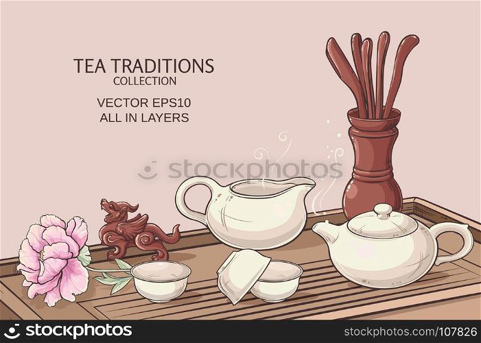 tea ceremony illustration. Tea table with teapot, tea bowls, tea jug and tea tools
