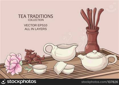 tea ceremony illustration. Tea table with teapot, tea bowls, tea jug and tea tools