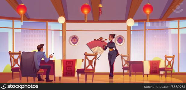 Tea ceremony in asian restaurant, woman wear traditional kimono serve visitor in Chinese or Japanese cafe sit at table in cafeteria with authentic decor and city view, Cartoon vector illustration. Tea ceremony in asian cafe with authentic decor