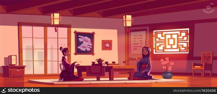 Tea ceremony in asian restaurant, women wear traditional kimono in Chinese or Japanese cafe sit at served low table on floor pillow, cafeteria interior with authentic decor cartoon vector illustration. Tea ceremony in asian restaurant, women in kimono