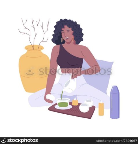 Tea ceremony isolated cartoon vector illustrations. Beautiful girl sitting at the tea ceremony after doing yoga, leisure time, cups and thermos around, relax after training vector cartoon.. Tea ceremony isolated cartoon vector illustrations.