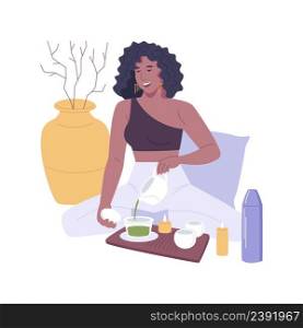 Tea ceremony isolated cartoon vector illustrations. Beautiful girl sitting at the tea ceremony after doing yoga, leisure time, cups and thermos around, relax after training vector cartoon.. Tea ceremony isolated cartoon vector illustrations.