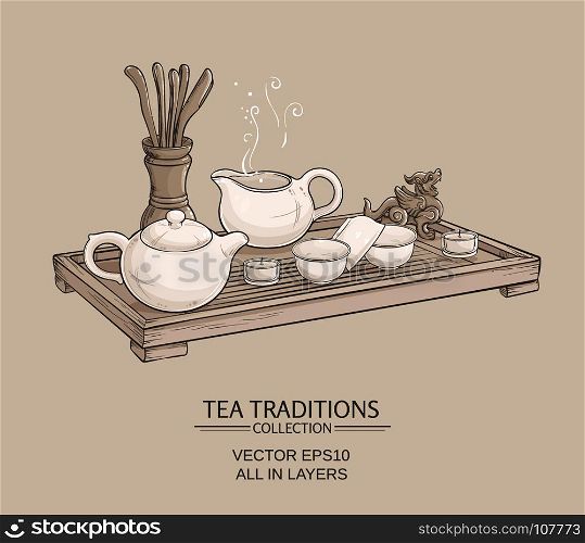 tea ceremony. Tea table with teapot, tea bowls, tea jug and tea tools