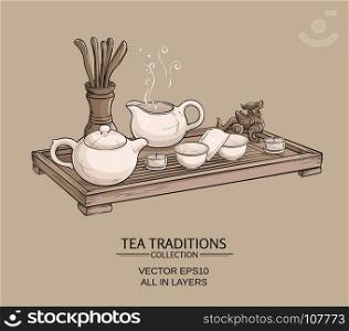 tea ceremony. Tea table with teapot, tea bowls, tea jug and tea tools