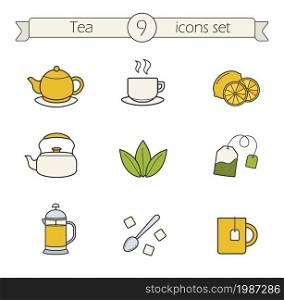 Tea color icons set. Teapot, steaming cup, lemons, kettle, loose tea herbs, tea bag, french press, spoon with raffinade and mug. Vector isolated illustrations. Tea color icons set