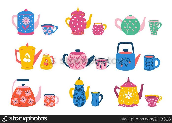 tea cup and pot. Cute collection of cartoon mugs with coffee tea and with different teapot . Vector set illustrations tea-set making tea. tea cup and pot. Cute collection of cartoon mugs with coffee tea and with different teapot . Vector set
