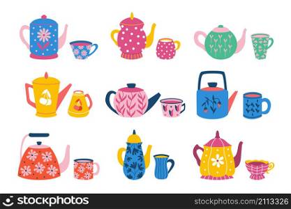 tea cup and pot. Cute collection of cartoon mugs with coffee tea and with different teapot . Vector set illustrations tea-set making tea. tea cup and pot. Cute collection of cartoon mugs with coffee tea and with different teapot . Vector set