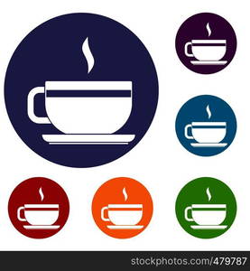 Tea cup and saucer icons set in flat circle red, blue and green color for web. Tea cup and saucer icons set