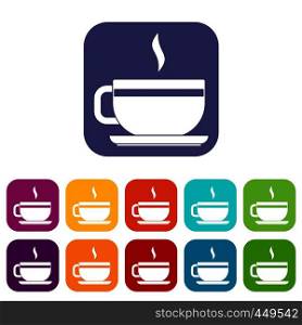 Tea cup and saucer icons set vector illustration in flat style In colors red, blue, green and other. Tea cup and saucer icons set flat