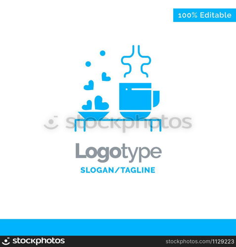 Tea, Cup, Hearts, Love, Loving, Wedding Blue Solid Logo Template. Place for Tagline