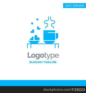 Tea, Cup, Hearts, Love, Loving, Wedding Blue Solid Logo Template. Place for Tagline