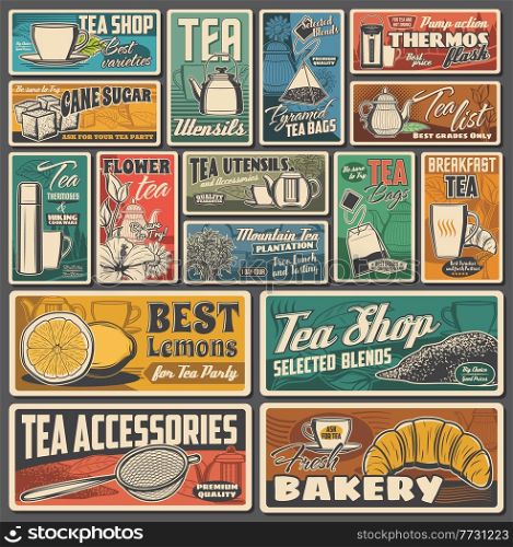 Tea cup, teapot and leaf retro banners with vector black, green, herbal and flower hot beverages. Cups, mugs, tea bags and pyramids, teapots, kettles and infusers, lemon, sugar and croissant, tea shop. Tea cup, teapot, leaf retro banners, hot beverage