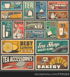 Tea cup, teapot and leaf retro banners with vector black, green, herbal and flower hot beverages. Cups, mugs, tea bags and pyramids, teapots, kettles and infusers, lemon, sugar and croissant, tea shop. Tea cup, teapot, leaf retro banners, hot beverage