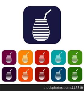 Tea cup used mate or terere in Argentina icons set vector illustration in flat style In colors red, blue, green and other. Tea cup used mate or terere in Argentina icons set