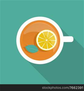 Tea Cup with Mint Leaf and Lemon Icon with Long Shadow. Vector Illustration EPS10. Tea Cup with Mint Leaf and Lemon Icon with Long Shadow. Vector Illustration