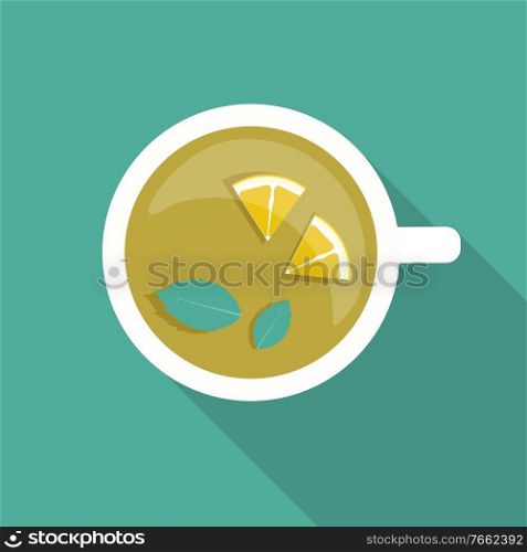 Tea Cup with Mint Leaf and Lemon Icon with Long Shadow. Vector Illustration EPS10. Tea Cup with Mint Leaf and Lemon Icon with Long Shadow. Vector Illustration