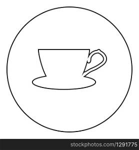 Tea cup with saucer icon in circle round outline black color vector illustration flat style simple image. Tea cup with saucer icon in circle round outline black color vector illustration flat style image